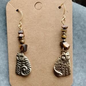 Hand Crafted Brass Cat Charm Earrings with Tigers Eye Beads